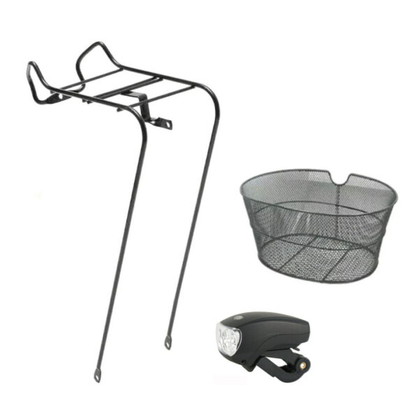 Kit Portacesto Anteriore 28 + Cesto Ovale Nero + Fanalino Anteriore-Bici Olanda-