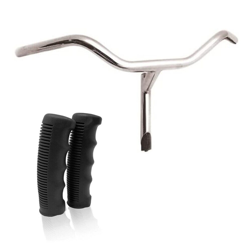 Manubrio In Acciaio + Coppia Di Manopole In Gomma Antiscivolo Nero - Bicicletta