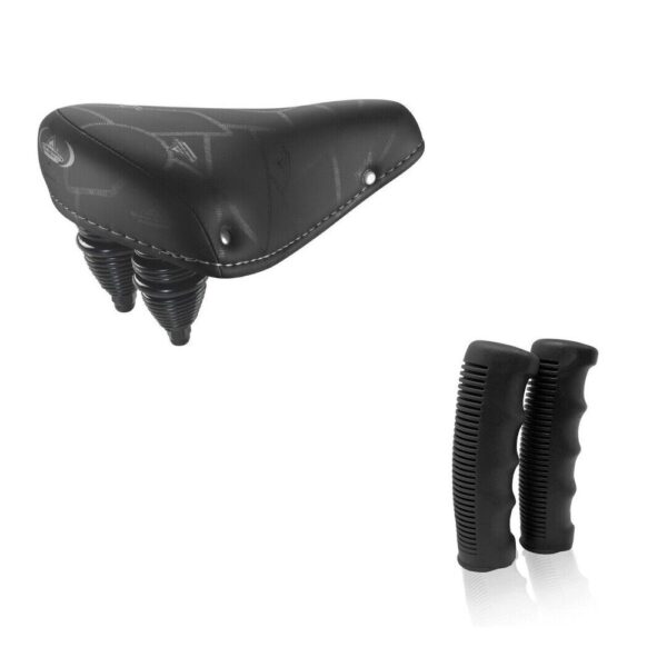 Sella Montegrappa In Pelle Nera Doppia Molla 013 + Coppia Manopole Gomma -Bici