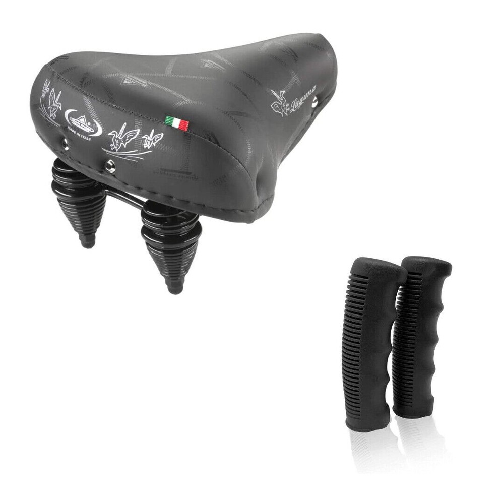 Sella Montegrappa Pelle Doppia Molla Laguna + Coppia Manopole Gomma Nero- Bici-