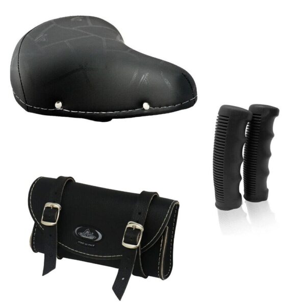 Sella Bici Montegrappa 07f Pelle + Manopole Gomma + Borsello Portaoggetti-Nero