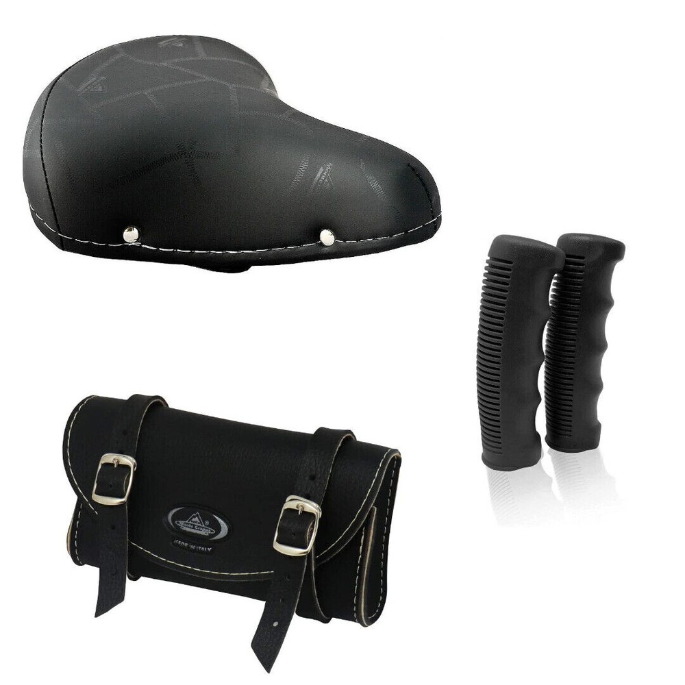 Sella Bici Montegrappa 07f Pelle + Manopole Gomma + Borsello Portaoggetti-Nero