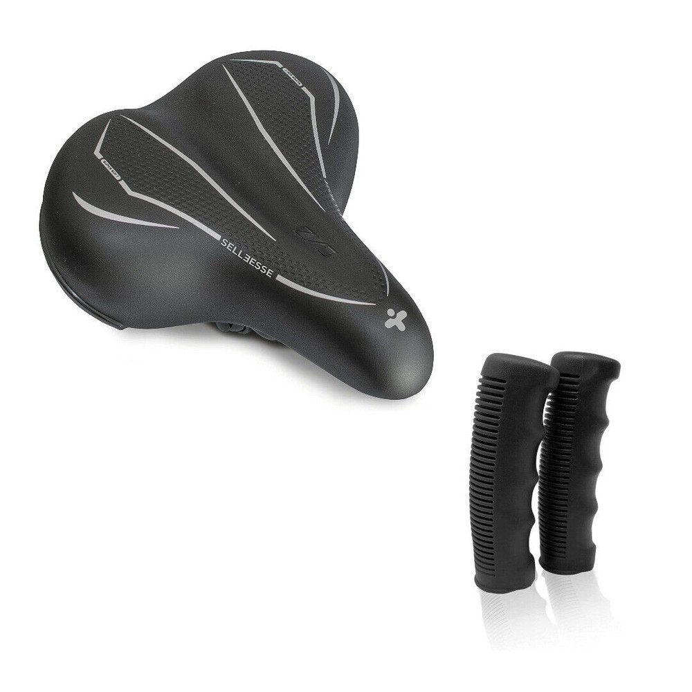 Sella Bici Imbottitura Comoda Nero/Grigio + Coppia Manopole Gomma Nero- Citybike