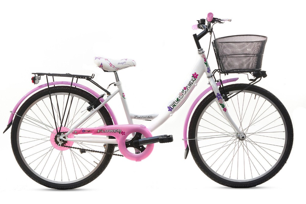 Bicicletta Bambina Ragazza Da Passeggio Misura 24 Bici Cestino Floreale Bianca