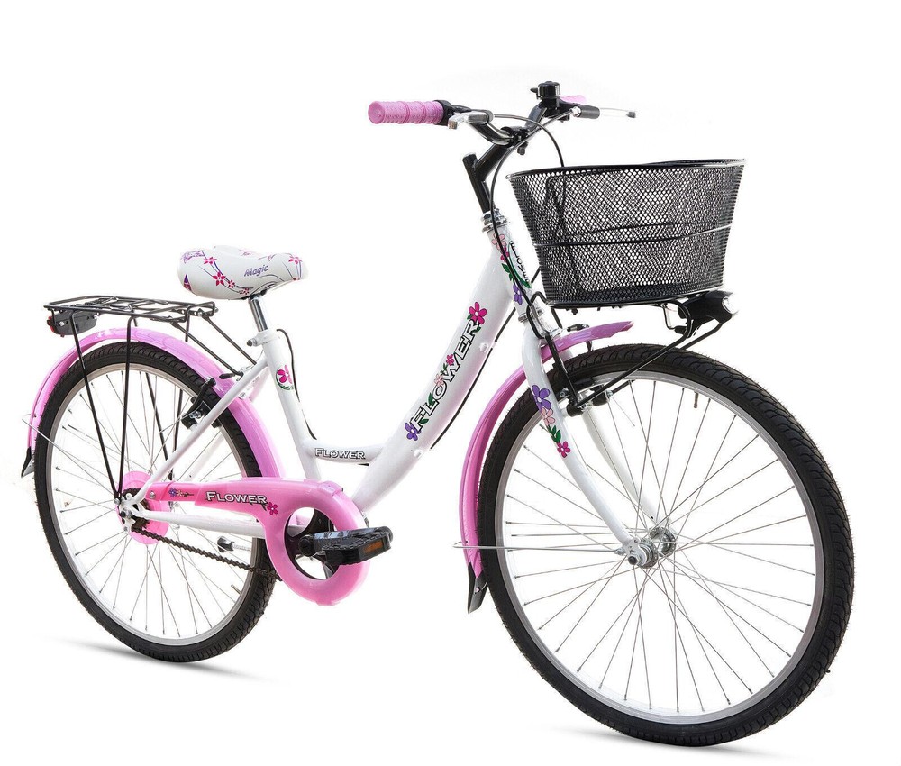 Bicicletta Bambina Ragazza Da Passeggio Misura 24 Bici Cestino Floreale Bianca - immagine 3
