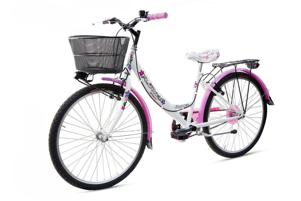 Bicicletta Bambina Ragazza Da Passeggio Misura 24 Bici Cestino Floreale Bianca - immagine 4