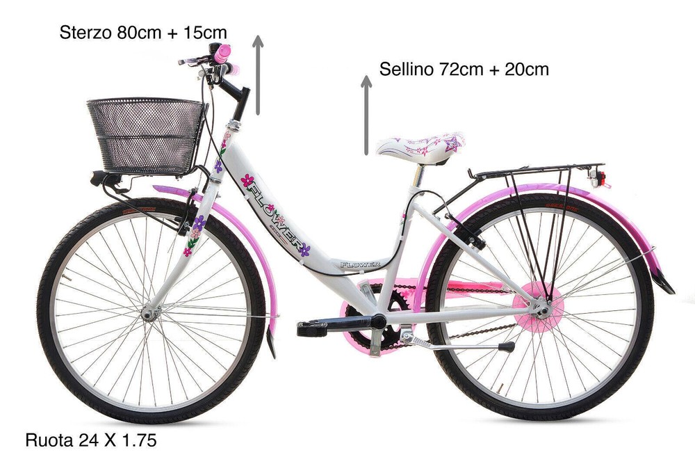 Bicicletta Bambina Ragazza Da Passeggio Misura 24 Bici Cestino Floreale Bianca - immagine 7
