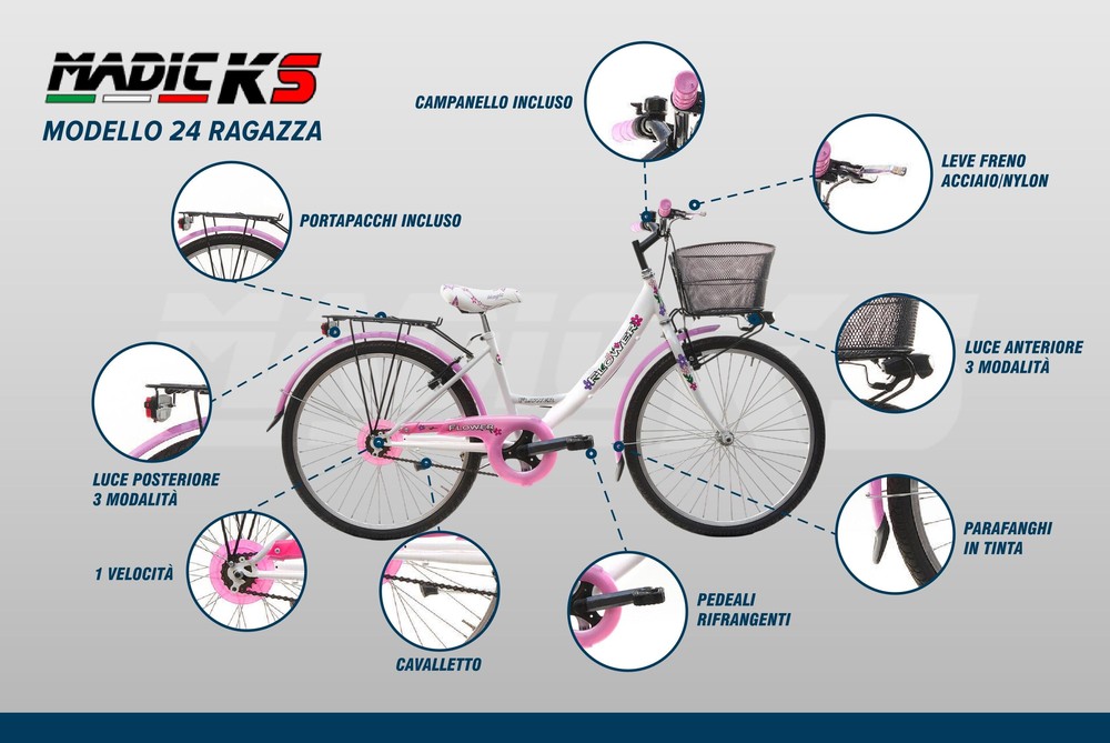 Bicicletta Bambina Ragazza Da Passeggio Misura 24 Bici Cestino Floreale Bianca - immagine 9