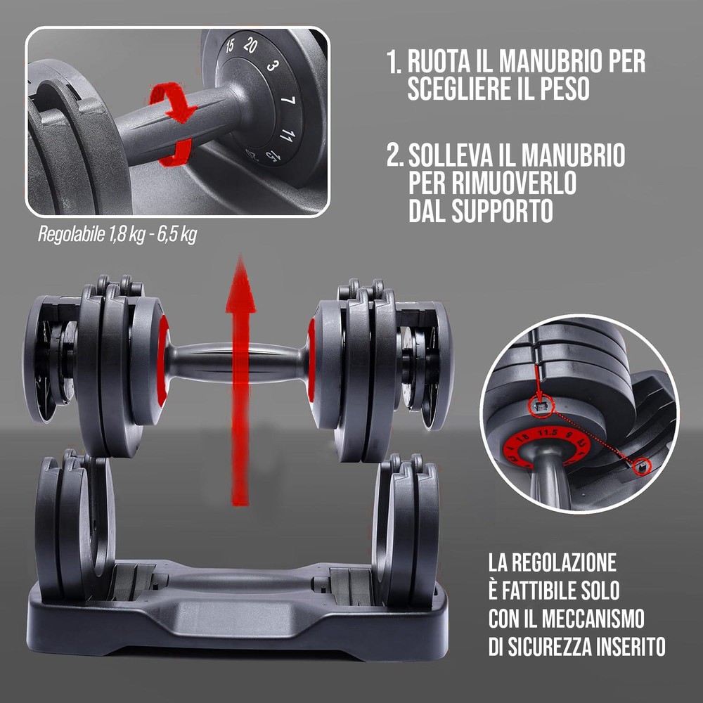 Coppia Manubri Pesi Palestra Casa Da 1.8 A 6.5 Kg - 5 Livelli Regolabili Set Con Base - immagine 4