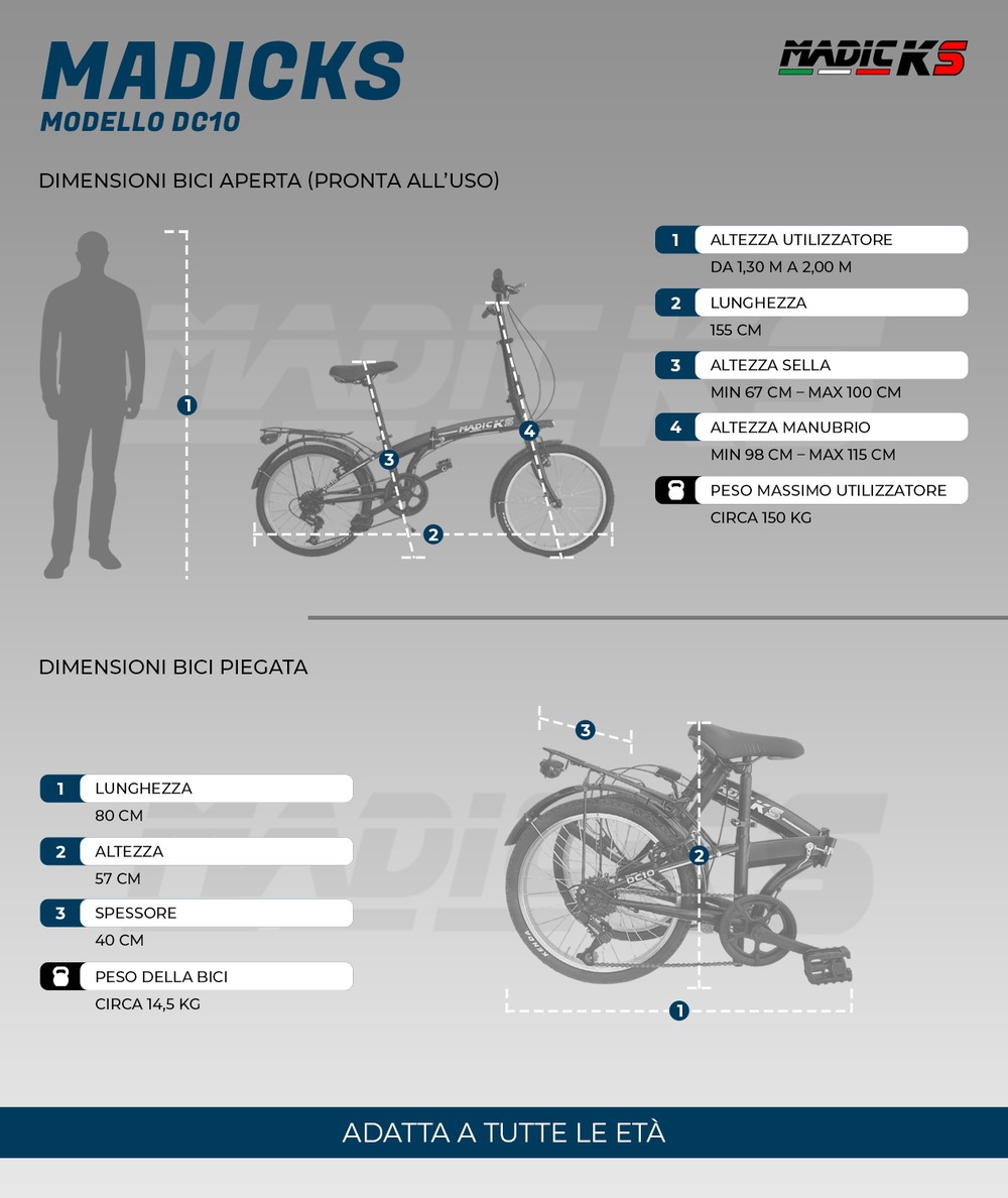 Bicicletta Pieghevole Madicks Folding 20" Nero Con Cambio 6v Unisex City Bike - immagine 13