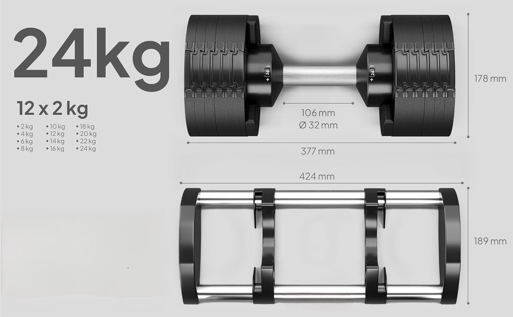 Coppia Manubri Pesi Palestra Casa Da 2 A 24 Kg - 12 Livelli Regolabili Set Con Base - immagine 3