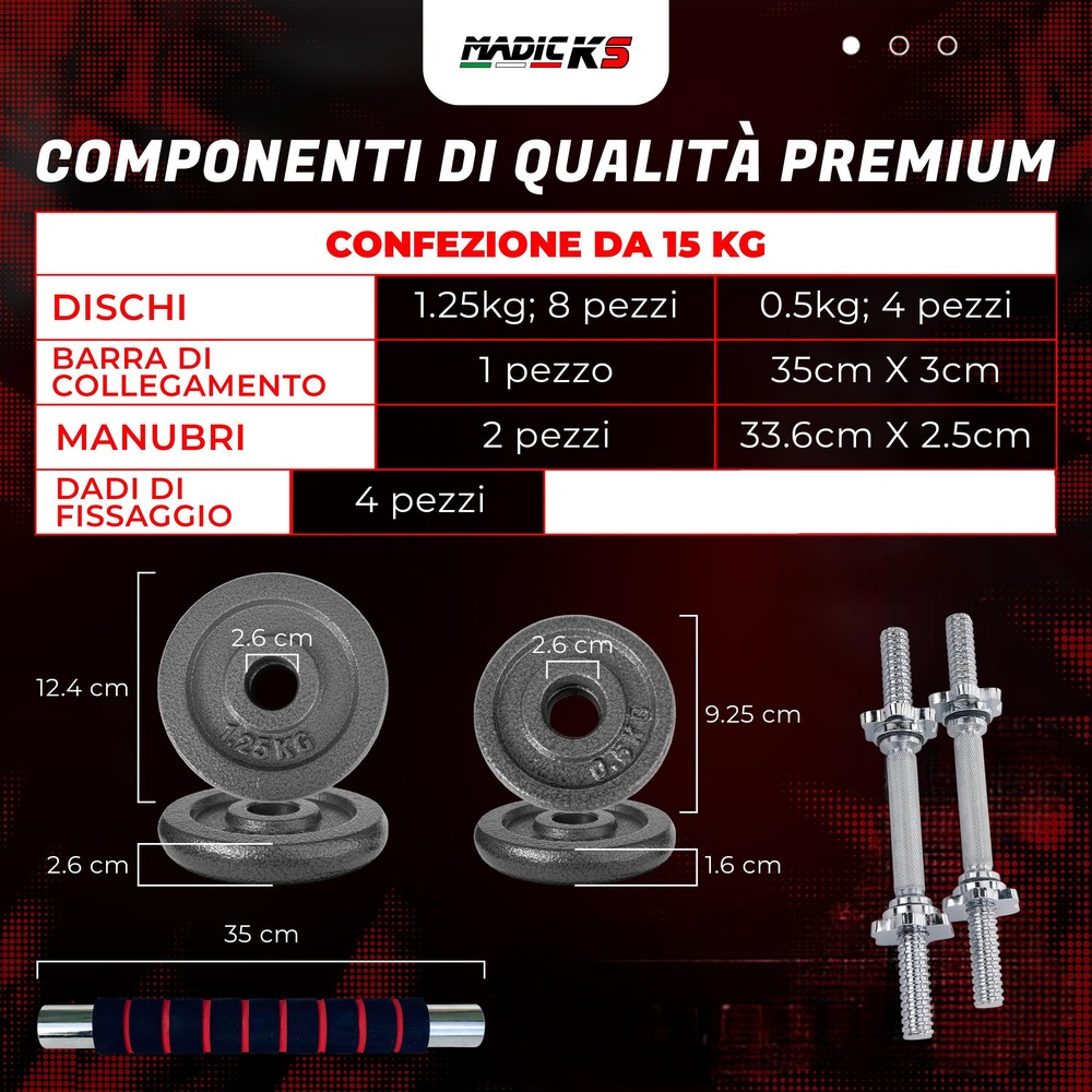 Set Pesi 15 Kg Con Manubri Barra Collegamento E Dischi In Ghisa ø25mm Palestra - immagine 2