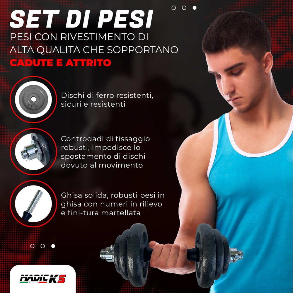 Set Pesi 20 Kg Con Manubri Barra Collegamento E Dischi In Ghisa ø25mm Palestra - immagine 3