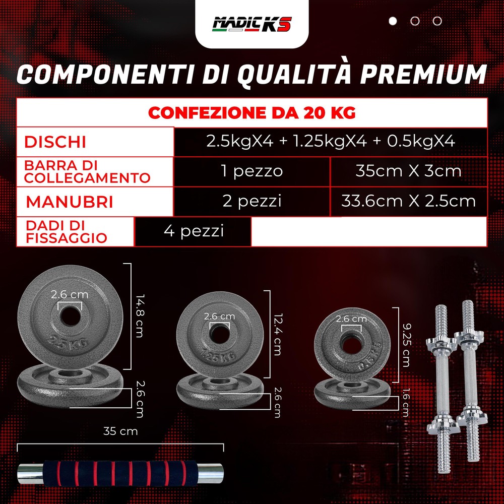 Set Pesi 20 Kg Con Manubri Barra Collegamento E Dischi In Ghisa ø25mm Palestra - immagine 2