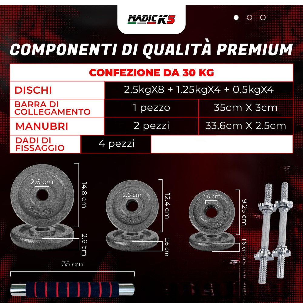Set Pesi 30 Kg Con Manubri Barra Collegamento E Dischi In Ghisa ø25mm Palestra - immagine 2