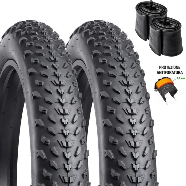 Coppia Copertone Fat Bike Tassellato Antiforatura 20 X 4.0 + Camera D'Aria