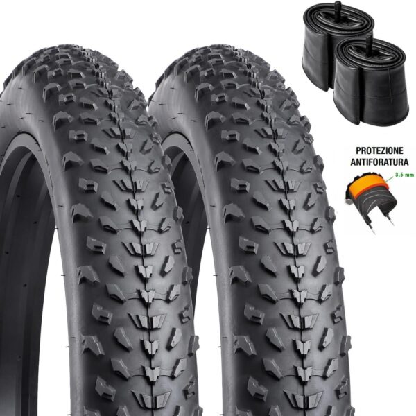 Coppia Copertone Fat Bike Tassellato Antiforatura 20 X 4.0 + Camera D'Aria