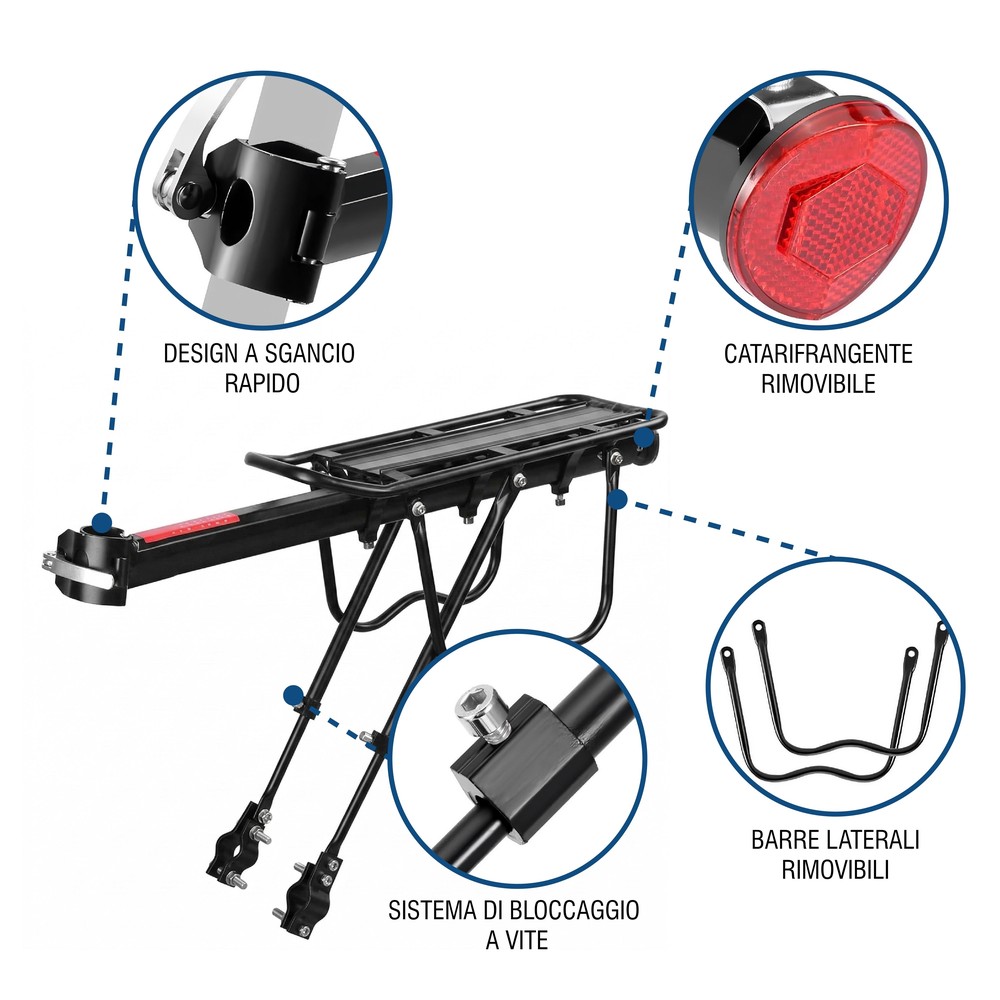 Portapacchi Bici Posteriore Regolabile MTB Strada con Riflettore Carico Max 50kg - immagine 4
