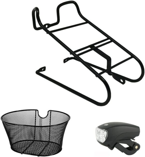 Kit Portacesto Anteriore + Cestino Ovale Nero + Fanalino Per Bici Bicicletta