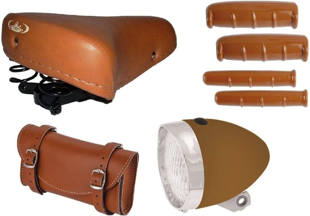 Sella Montegrappa + Borsello + Manopole + Manopolini + Fanale Marrone Bici