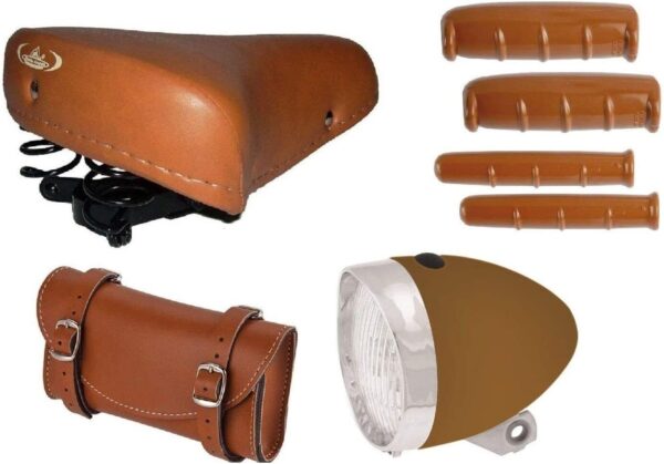 Sella Montegrappa + Borsello + Manopole + Manopolini + Fanale Marrone Bici