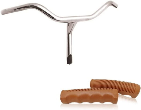 Manubrio Cromato In Acciao 22,2 Mm Per Bici + Coppia Manopole Marroni Bici