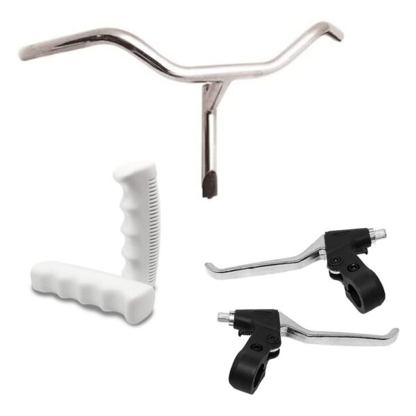Manubrio Cromato In Acciaio+Coppia Leve Freno+Coppia Manopole Bianco-Bicicletta