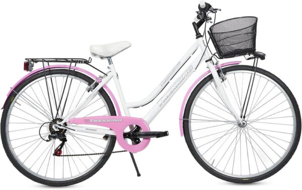 Bicicletta Donna Passeggio Misura 28 Bici Città Con Cambio, Cestino Bianco Rosa