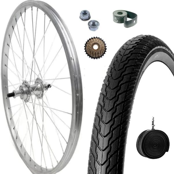 Cerchio Ruota Completa Posteriore 26 X 1.3/8 + Copertone + Camera + Pignone 7v