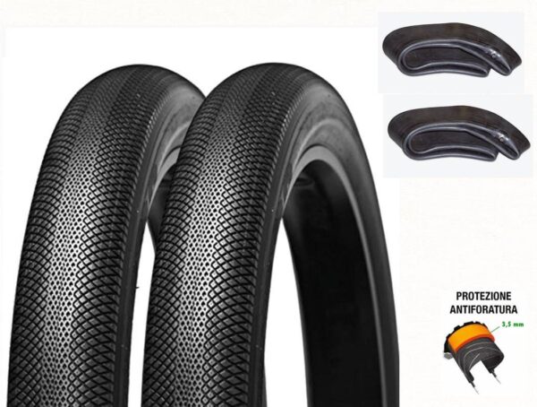 Coppia Copertone + Camere D'Aria Fat Bike 20×4.0 Antiforatura Nero Stradale Bici